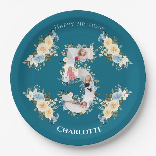 5e verjaardag Blauwgroen foto Collage Blue Yellow Papieren Bordje (Voorkant)