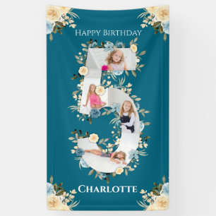 5e verjaardag Blauwgroen foto Collage Blue Yellow Spandoek