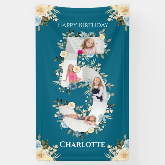 5e verjaardag Blauwgroen foto Collage Blue Yellow Spandoek (Verticaal)