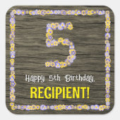 5e verjaardag: Bloemennummer, Faux Wood Look, Naam Vierkante Sticker (Voorkant)