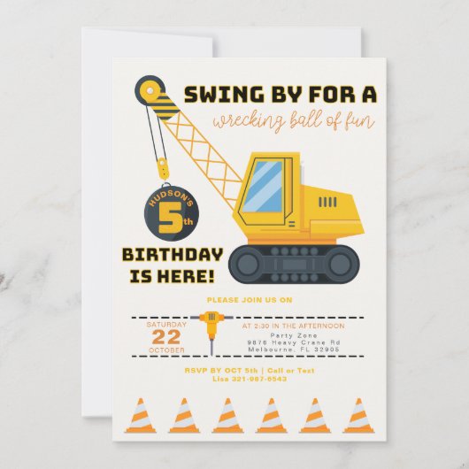 5e verjaardag bouwkraan uitnodiging (Voorkant)