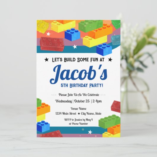 5e verjaardag bouwstenen plezier kaart (Staand voorkant)