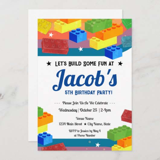 5e verjaardag bouwstenen plezier kaart (Voorkant / Achterkant)