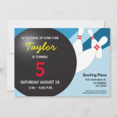 5e verjaardag bowlingfeest blauw rood geel kaart (Voorkant)