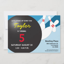 5e verjaardag bowlingfeest blauw rood geel kaart