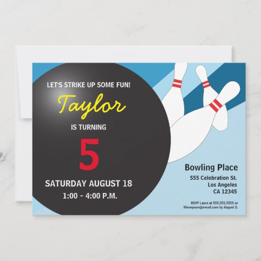 5e verjaardag bowlingfeest blauw rood geel kaart (Voorkant)