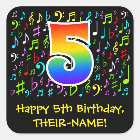 5e verjaardag: Colorful Music Symbols, Rainbow 5 Vierkante Sticker (Voorkant)