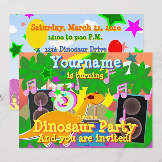 5e verjaardag Cool Dinosaur DJ Party Kaart (Voorkant / Achterkant)