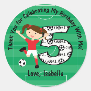 5e verjaardag Dank u rood en wit voetbal meisje Ronde Sticker
