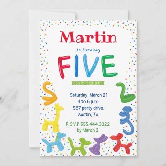 5e verjaardag dierballonvaarding kaart (Voorkant)