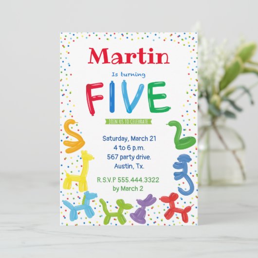 5e verjaardag dierballonvaarding kaart (Staand voorkant)