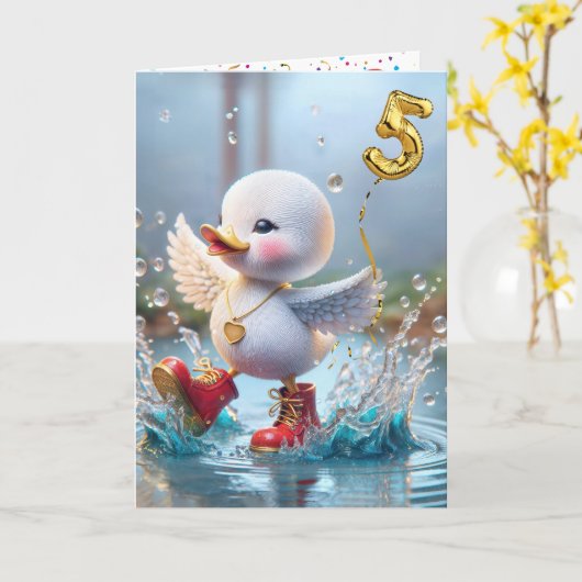 5e verjaardag Eend danst in een plas regenwater Kaart (Gele Bloem)