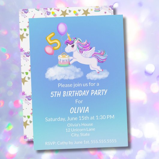 5e verjaardag eenhoorn met taart uitnodiging