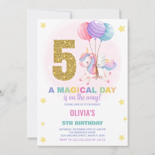 5e Verjaardag Eenhoorn Verjaardag Uitnodigingen (Voorkant)