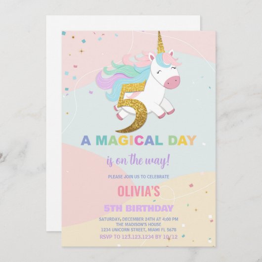 5e Verjaardag Eenhoorn Verjaardag Uitnodigingen (Voorkant / Achterkant)