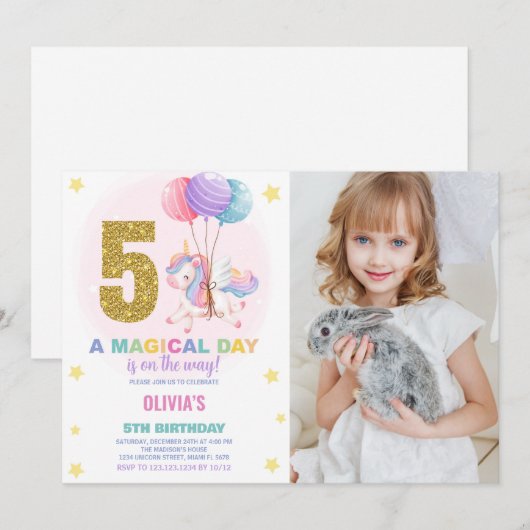 5e Verjaardag Eenhoorn Verjaardag Uitnodigingen fo (Voorkant / Achterkant)
