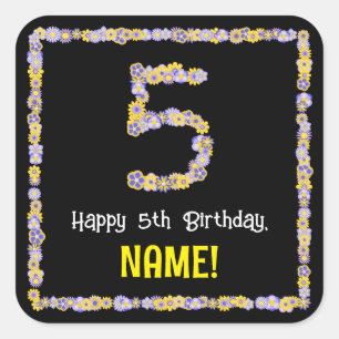 5e verjaardag: Floral Flowers Number, Custom Name Vierkante Sticker