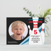 5e verjaardag foto bowlingpartij blauw rood geel kaart (Staand voorkant)