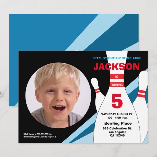 5e verjaardag foto bowlingpartij blauw rood geel kaart (Voorkant / Achterkant)