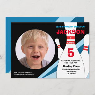 5e verjaardag foto bowlingpartij blauw rood geel kaart
