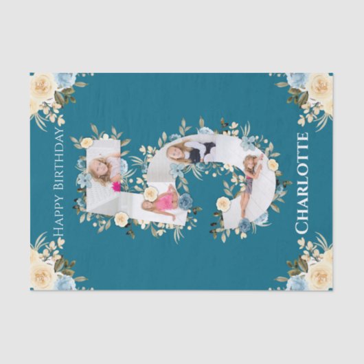 5e verjaardag Foto Collage Blauwgroen Blauw Gele B Tissuepapier (Voorkant)