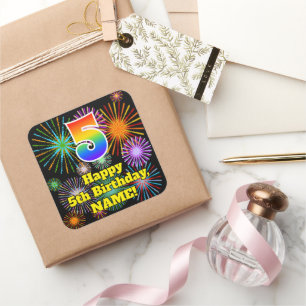 5e verjaardag: Fun Fireworks Kijk, regenboog # 5 Vierkante Sticker