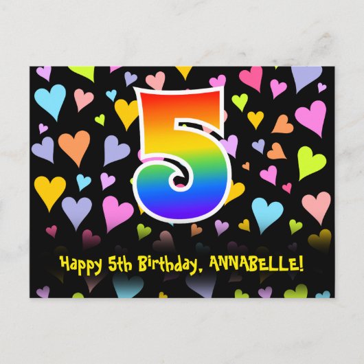 5e verjaardag: Fun Hearts Pattern, Rainbow 5 Briefkaart (Voorkant)