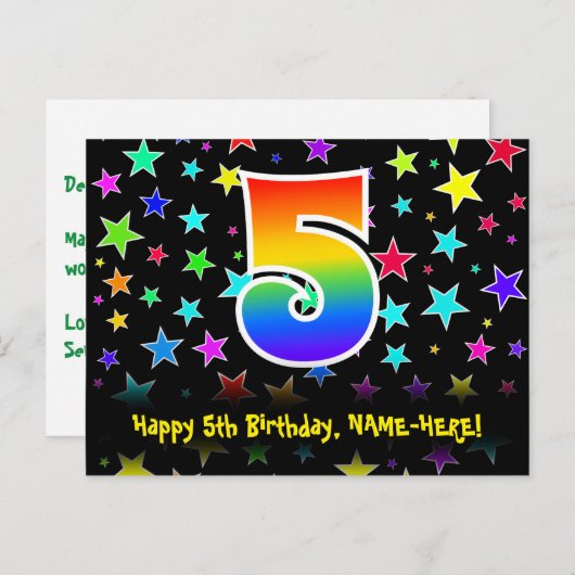 5e verjaardag: Fun Stars Patroon, Regenboog 5, Naa Briefkaart (Voorkant / Achterkant)