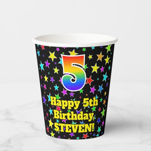 5e verjaardag: Fun Stars Pattern en Rainbow 5 Papieren Bekers (Voorkant)