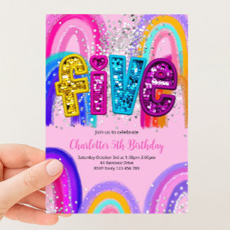 5e Verjaardag Glitter Regenboog Feest Uitnodiging
