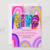5e Verjaardag Glitter Regenboog Feest Uitnodiging (Voorkant)