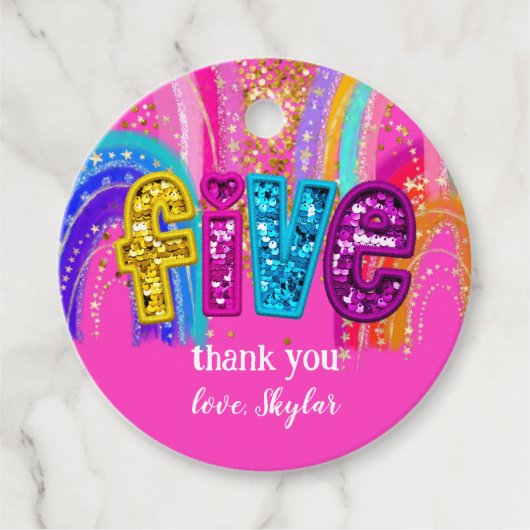 5e verjaardag hete roze regenboog pailletten meisj bedankjes labels (Voorkant)
