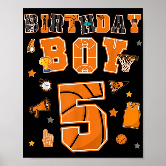 5e Verjaardag Jongen 5 Jaar Basketbal Party Vijf J Poster (Voorkant)
