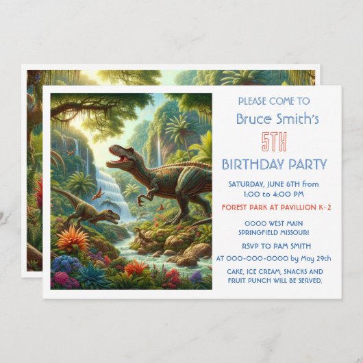5e verjaardag jongen dinosaurus party uitnodiging (Voorkant / Achterkant)