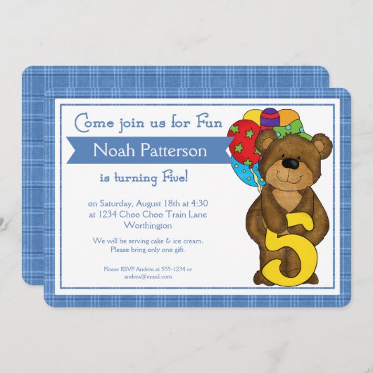 5e Verjaardag Jongen Uitnodigingen Teddy Bear Trai (Voorkant / Achterkant)