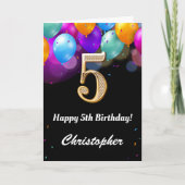 5e verjaardag Kaart zwarte en goudkleurige ballonn (Voorkant)