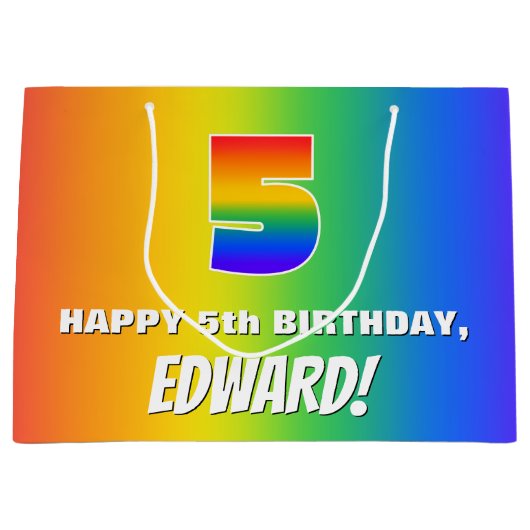 5e verjaardag: kleurrijk, vun regenboogpatroon # 5 groot cadeauzakje (Voorkant)
