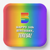 5e verjaardag: kleurrijk, vun regenboogpatroon # 5 papieren bordje (Voorkant)