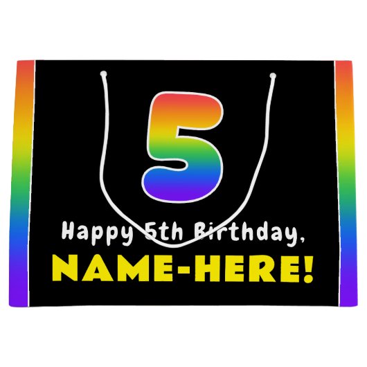 5e verjaardag: kleurrijke regenboog # 5, aangepast groot cadeauzakje (Voorkant)