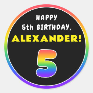 5e verjaardag: kleurrijke regenboog # 5, aangepast ronde sticker