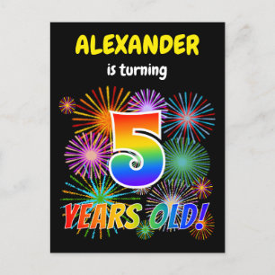 5e verjaardag - Leuk vuurwerk, Regenboog look "5" Briefkaart