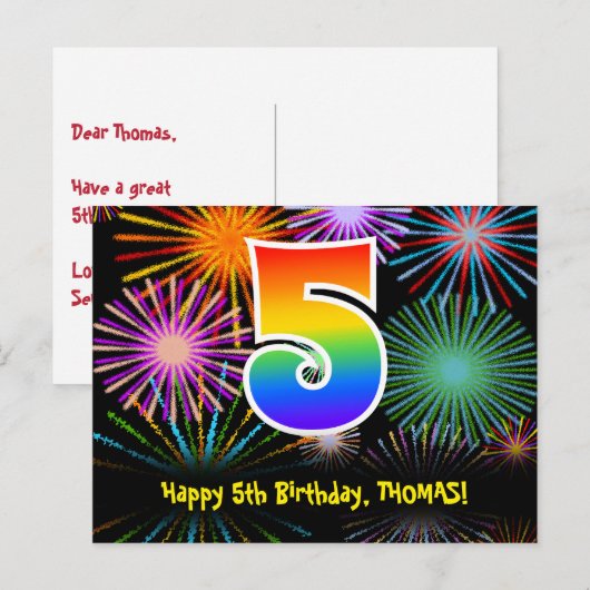 5e verjaardag – Leuke vuurwerkpatroon + Regenboog Briefkaart (Voorkant / Achterkant)