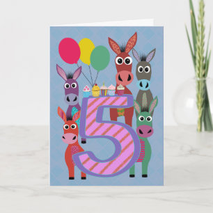 5e verjaardag met vijf ezels en cupcakes kaart