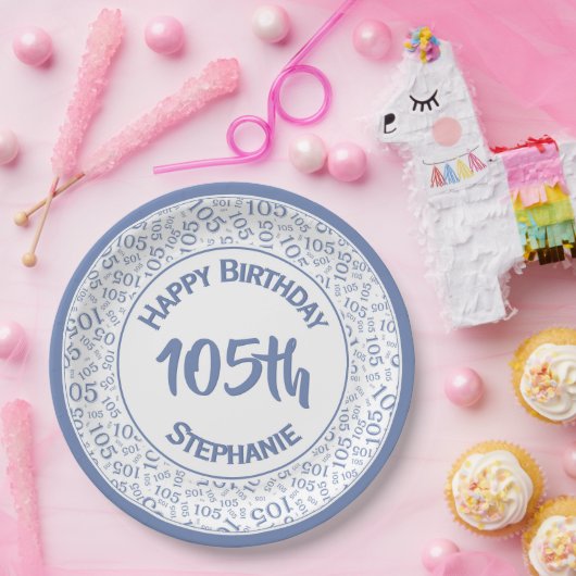 5e Verjaardag Modern Nummer Patroon Blauw/Wit Papieren Bordje (Feest)