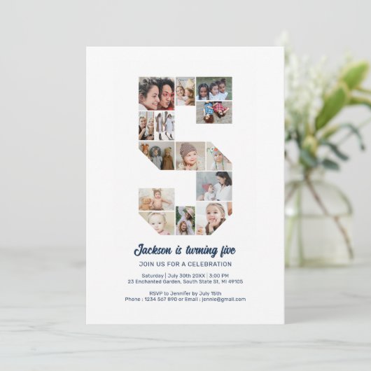 5e verjaardag nummer 5 aangepaste foto collage kaart (Staand voorkant)