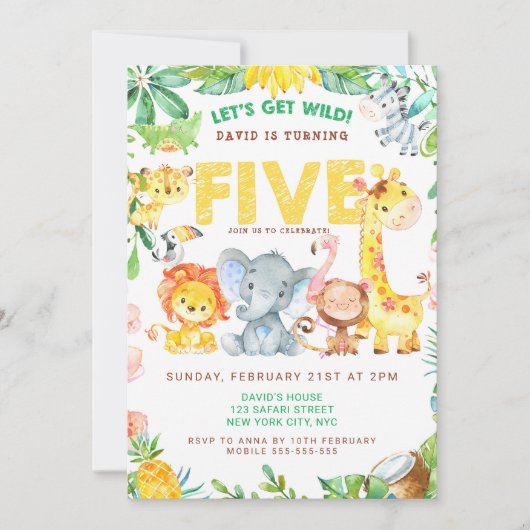 5e Verjaardag Oerwoud Safari Boy Party Zoo Animals Kaart (Voorkant)