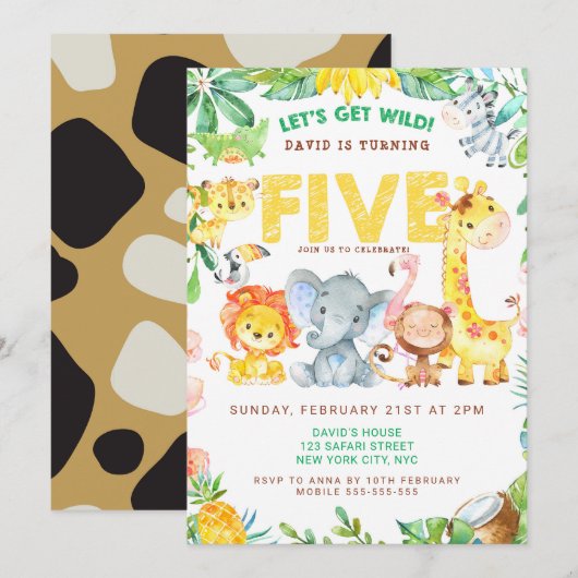 5e Verjaardag Oerwoud Safari Boy Party Zoo Animals Kaart (Voorkant / Achterkant)