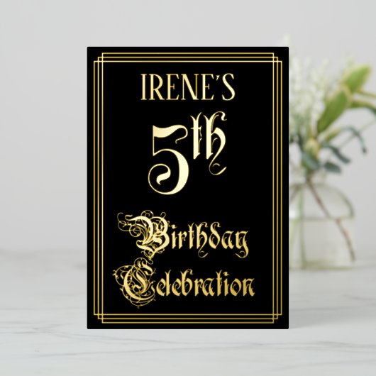 5e verjaardag Partij - Fancy Manuscript & de Naam Folie Uitnodiging (Staand Voorkant)