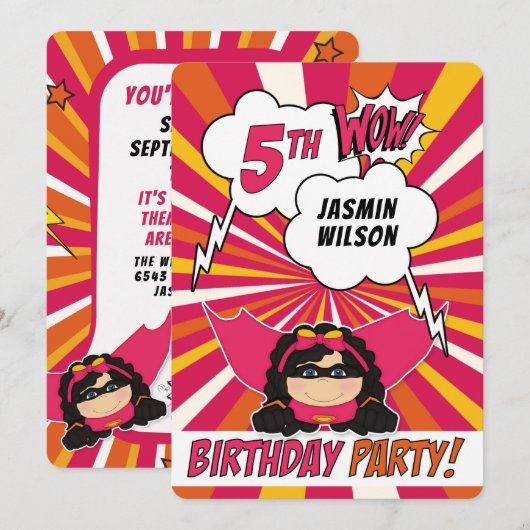 5e verjaardag Party Superhero Pink Comic voor meis Kaart (Voorkant / Achterkant)