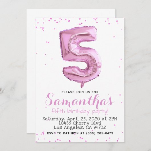 5e verjaardag pastel roze ballon uitnodiging (Voorkant / Achterkant)